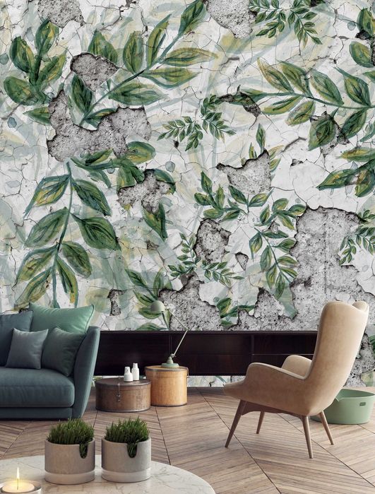 Fototapeta Boho Liście Beton Ściana Loft 3D Twój Rozmiar + KLEJ