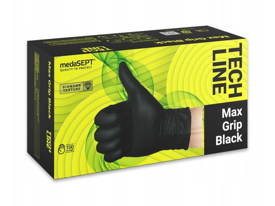 Rękawiczki Nitrylowe Czarne MOCNE MAX GRIP Bezpudrowe medaSEPT Diamentowa tekstura Uniwersalne