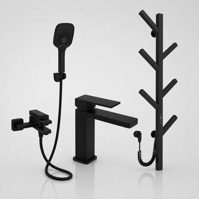 Готове рішення: Qtap Gemini Black: змішувач для ванни, змішувач для раковини та електрична рушникосушка Ares