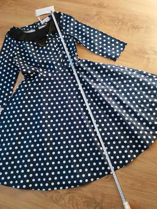 Granatowa Retro sukienka w grochy S z rękawem 3/4 vintage pin up
