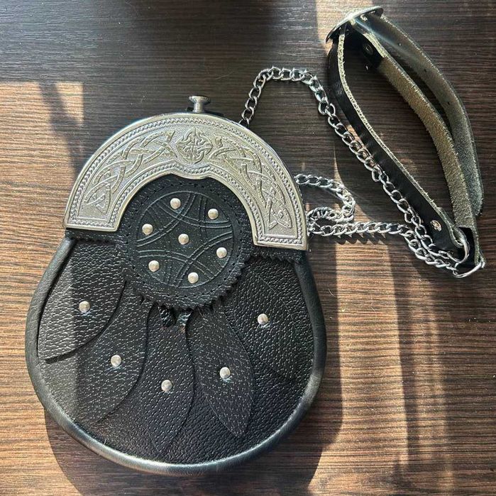 Kilt Sporran Deluxe (Шкіряний споран). Чорна шкіряна сумка. Кilt bag.