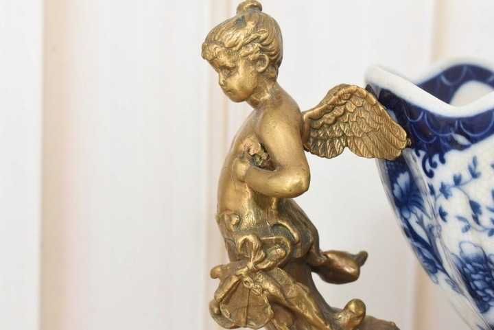 Niebieska Patera Owocnik - Porcelana + Brąz Amory Anioły - Craquele