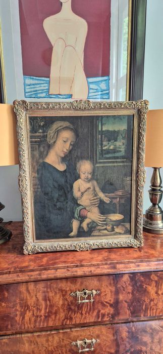 Stara reprodukcja obrazu Madonna z misą mleka Gerarda Davida cudo