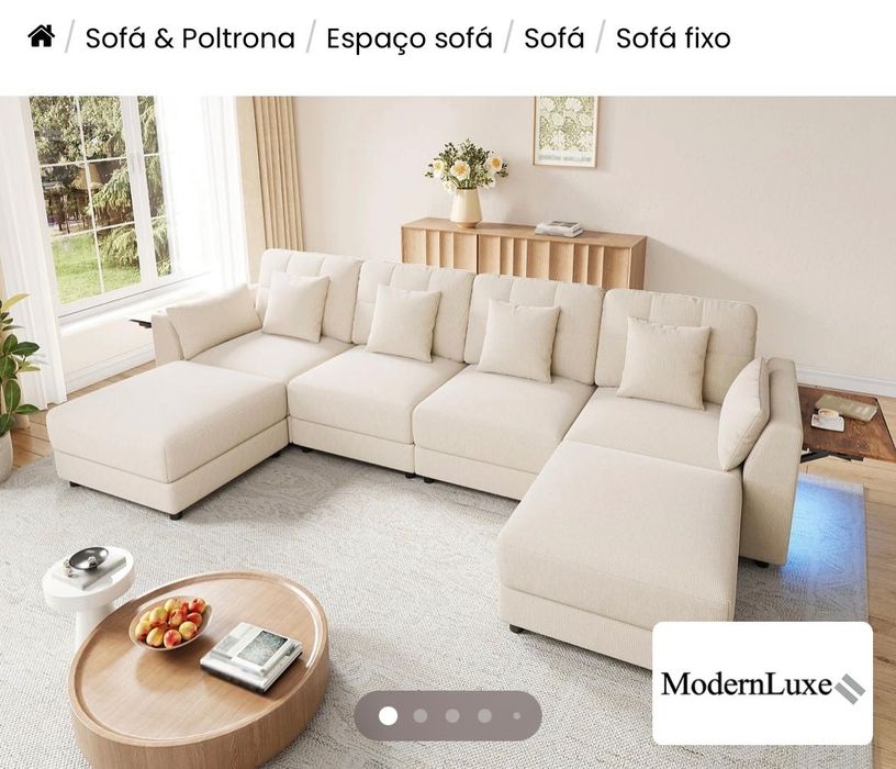 Sofá de canto em U/L - 2 pés de descanso móveis - com iluminação LED - mesa de apoio dobrável - com 6 almofadas - tecido chenille - bege