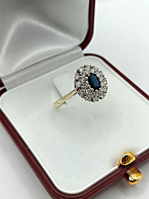 Złoty Pierścionek z szafirem i brylantami 14K 4,63g Certyfikat