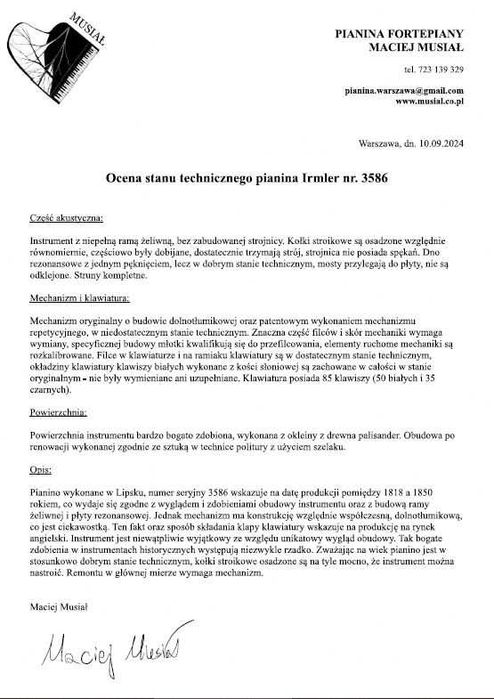 Pianino Irmler z 1850-60 roku – Historyczny instrument