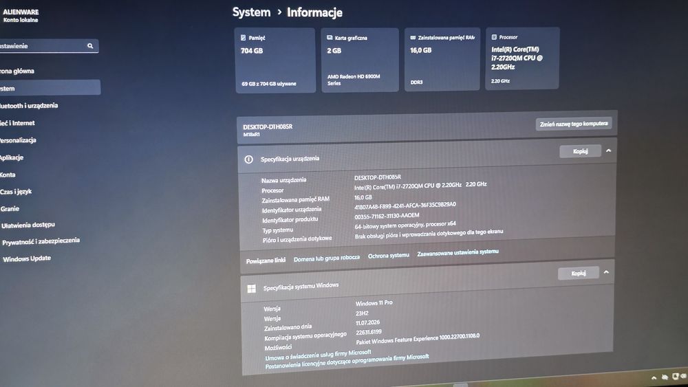 Mega Laptop 18.4 cala i7 ram 16gb SSD BluRay Dell Alienware m18x Windows 11 Pro