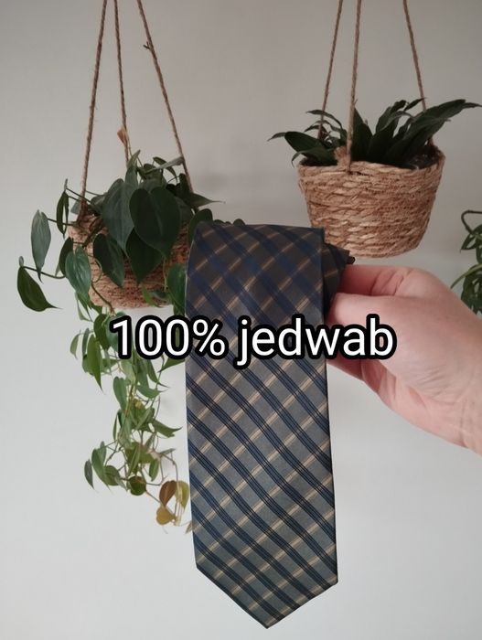 Męski jedwabny krawat 100% silk, ciemnozielony, khaki, kratka, 9,5 cm