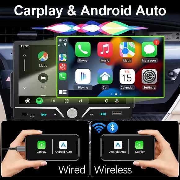autorádio gaveta 1din mas ecrã com 7" sem fio android auto carplay NOVO