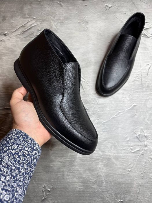 Черевики Зимові ЛОФЕРИ Шкіряні чоловічі чорні LORO PIANA! Шкіра+ХУТРО!