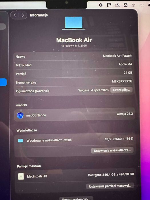 MacBook Air 13" M4 24GB/512GB czarny + etui + FV 23% - IDEALNY