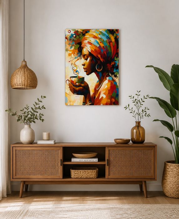 Plakat na Płótnie 50x70 Kobieta z Kawą Nowoczesny Art Premium Bez Ramy
