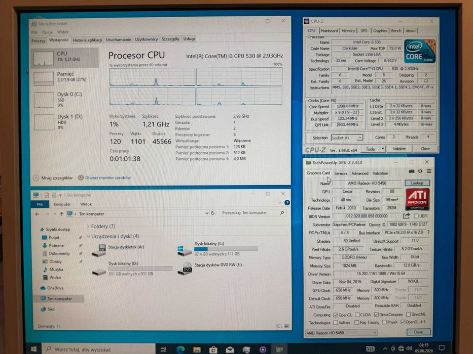 Komputer PC i3-530 / 8 GB RAM / SSD 128 GB + HDD 1 TB / Windows 10 Pro