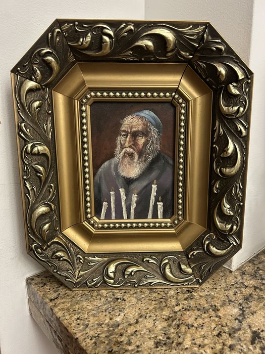 Obraz olejny w zdobionej ramie motyw chanukowy Artur Bauer