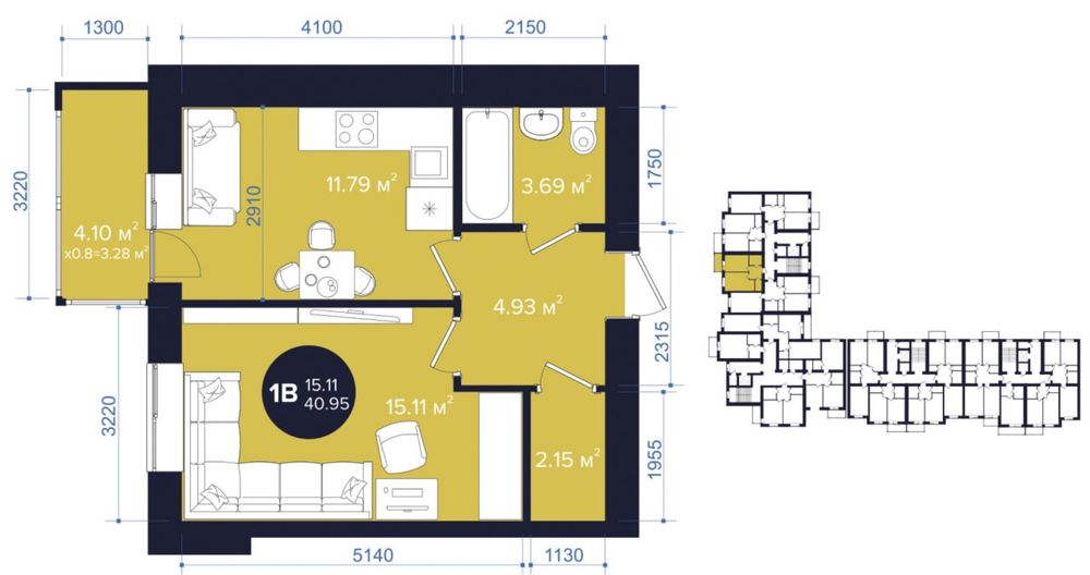 ГОТОВА ! Однокімнатна квартира 42  м² — 58520$