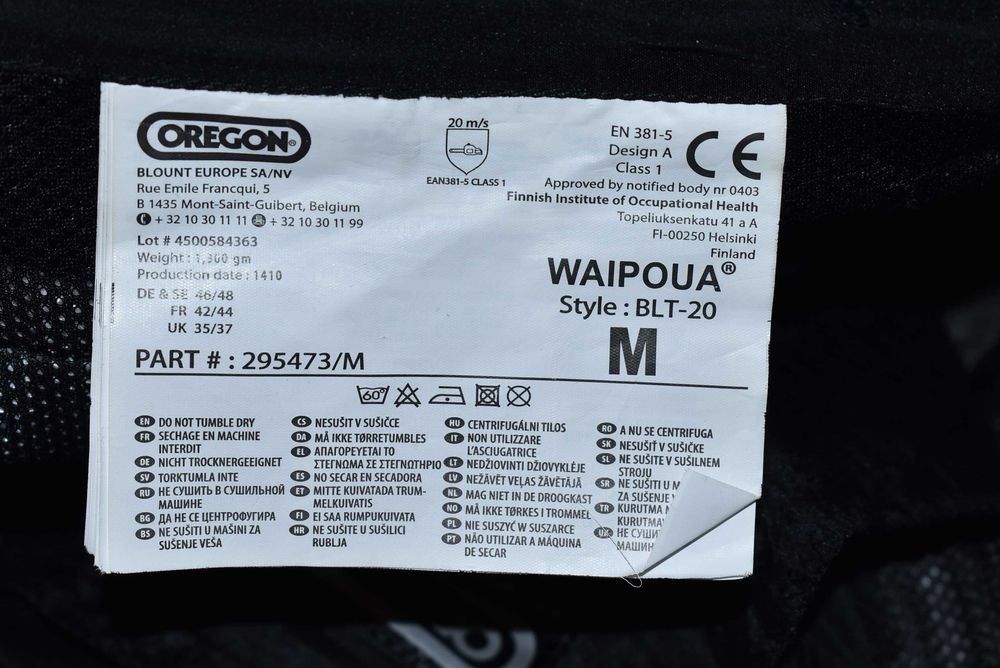 Oregon 20 m/s Class 1 Spodnie Antyprzecięciowe Ochronne M