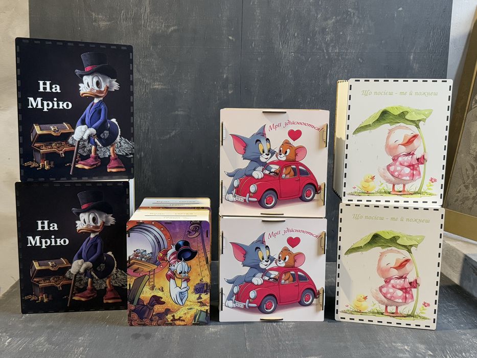 Деревʼяні скарбнички «На мрію» з кольоровим друком, різні форми, копил