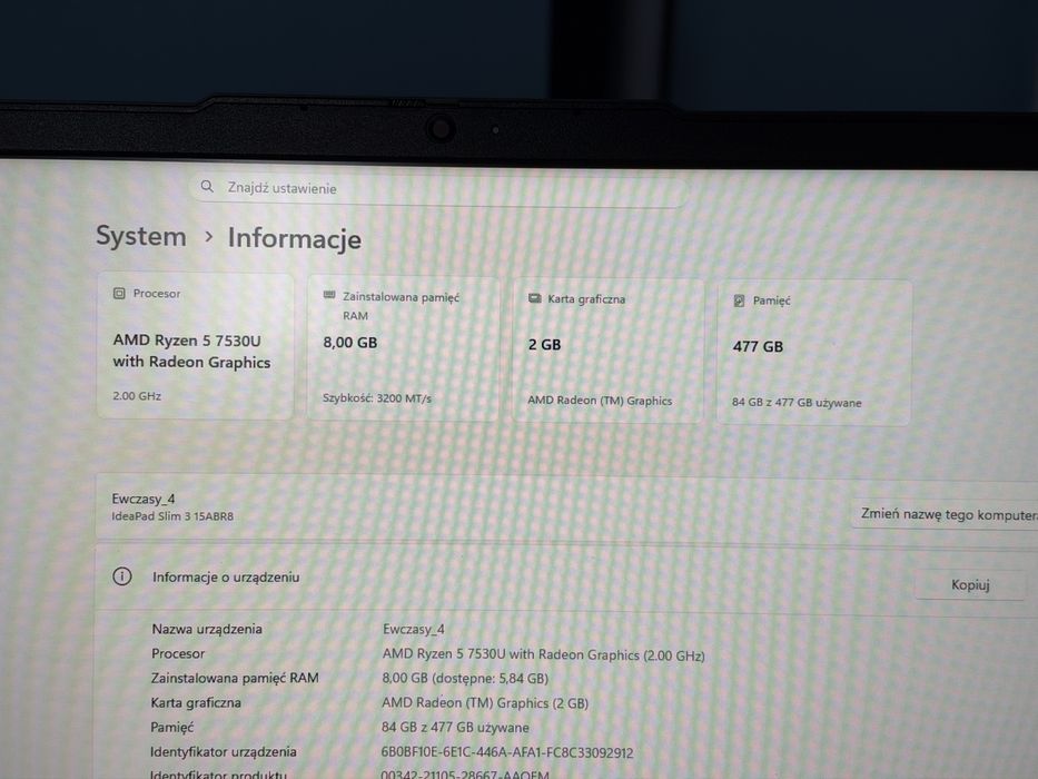 Lenovo IdeaPad Ryzen 5 7000 seria/16GB/512G. Jak nowy