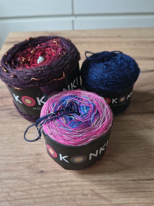 Włóczka Kokonki – 3 motki – gradient nitka błyszcząca nopki