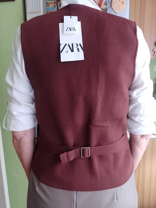 (40/L) ZARA/ Brązowa Dzianinowa Kamizelka z patką z Madrytu, NOWA