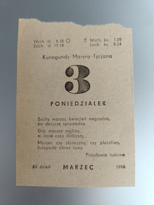 oryginalna kartka z kalendarza 3 marca 1986 - 03.03.1986