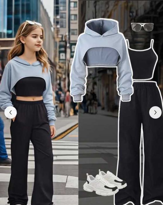 Conjunto Jovem Menina Casual 3 Peças: Capuz, Top Sem Mangas e Calças