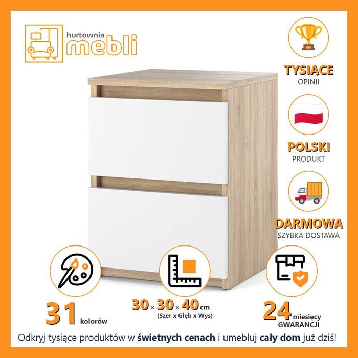 Szafka Nocna Hugo 30cm Stolik Nocny 2 Szuflady Nowoczesny Do Sypialni