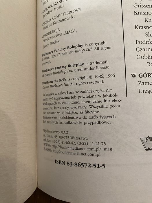 Warhammer fantasy role play Śmierć na rzece Reik RPG MAG 1996 ed. 1