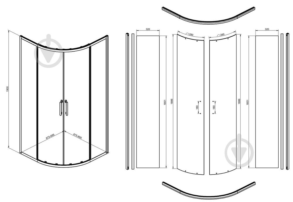 Душове огородження EGO напівкруг розсув. PURE 90х90х190 см