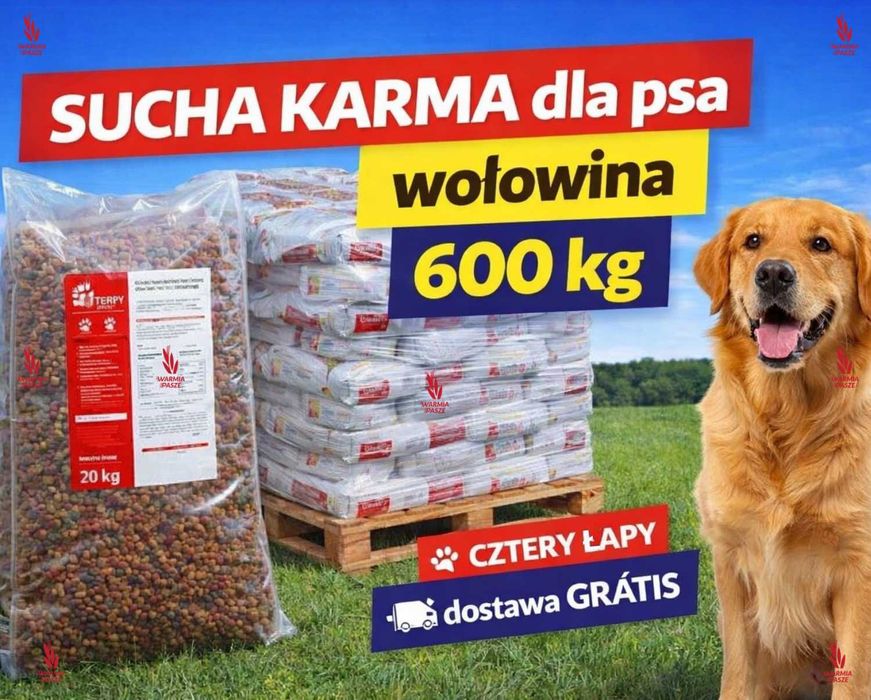 SUCHA KARMA dla psa wołowina 600 kg CZTERY ŁAPY dostawa GRATIS paleta