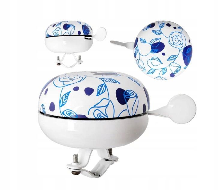 Dzwonek rowerowy retro Ding Dong 80mm biały niebieski kwiaty