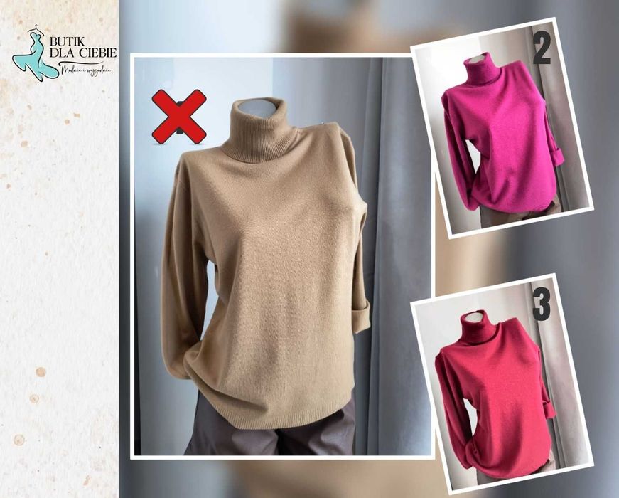 -> Sweter damski z golfem  - mix kolorów: fuksja / bordo / błękitny / czerwony / czarny – Rozmiar: L/XL