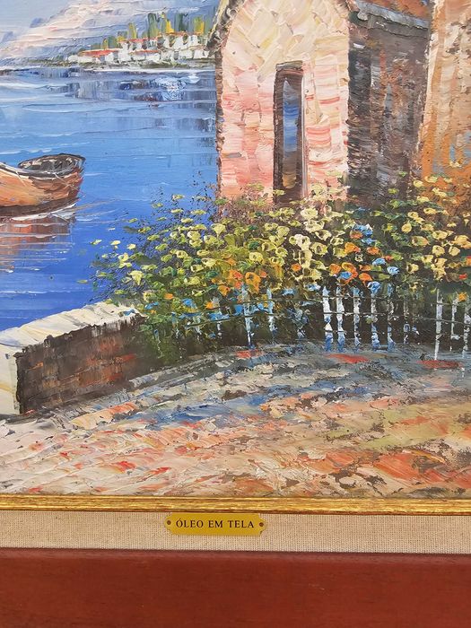 Pintura a Óleo sobre Tela – Paisagem Marítima com Barco – 69x59 cm