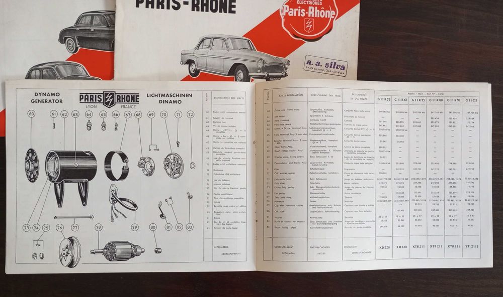 Antigas brochuras comerciais de equipamentos eléctricos Paris-Rhone para Citroën Simca Renault