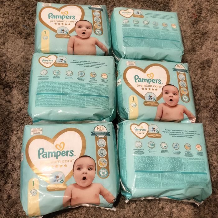 6 opakowań pieluchy Pampers premium care 1 +  gratis małe opakowanie j