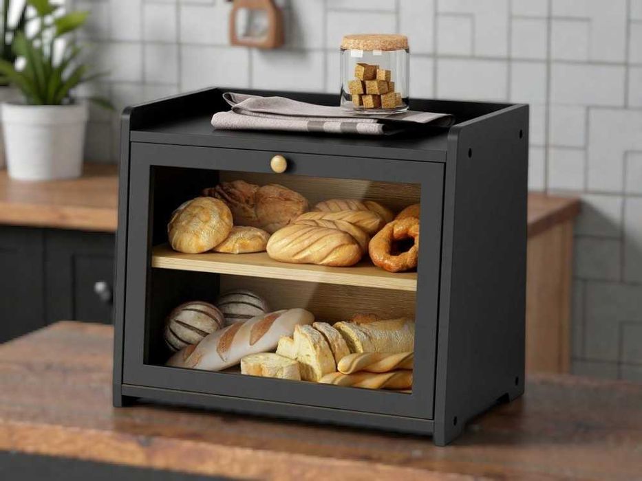 CHLEBAK Bambusowy czarny duży 2 POZIOMY – porządek na blacie kuchennym