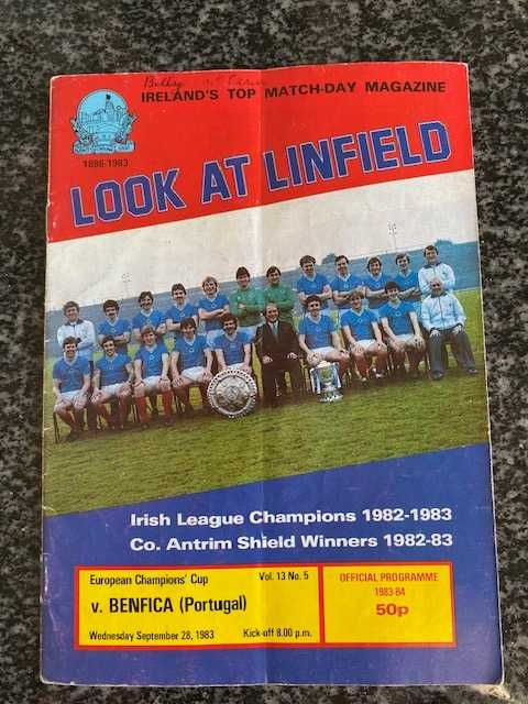 Raro! Programa Linfield vs BENFICA (1983)  com Autógrafos Originais
