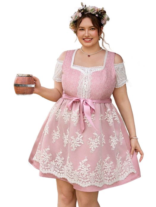Shein różowa sukienka plus size z koronką i wiązaniem 52 1la