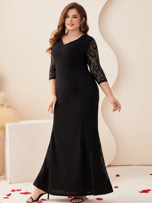 Sukienka Wieczorowa Koronkowa Syrena Z Dekoltem V Maxi Czarna Xxl 44