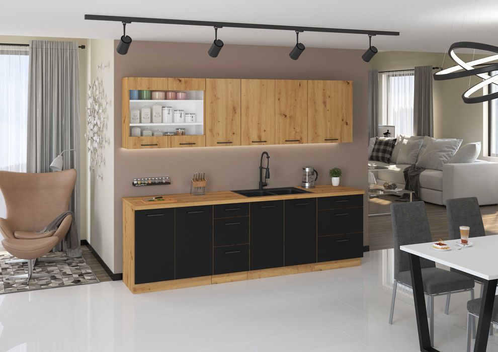 Meble Kuchenne Modena Czarny / Dąb Artisan 260 cm