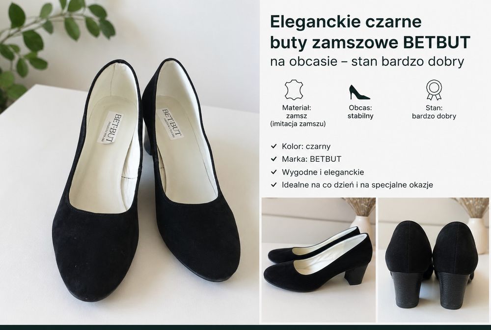 Eleganckie czarne buty na obcasie zamszowe BETBUT – rozmiar 37