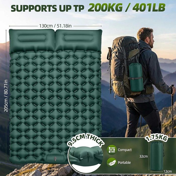Colchão inflável duplo para camping, 10 cm de espessura, para 2 pessoas, com bomba de pé e travesseiro embutidos.