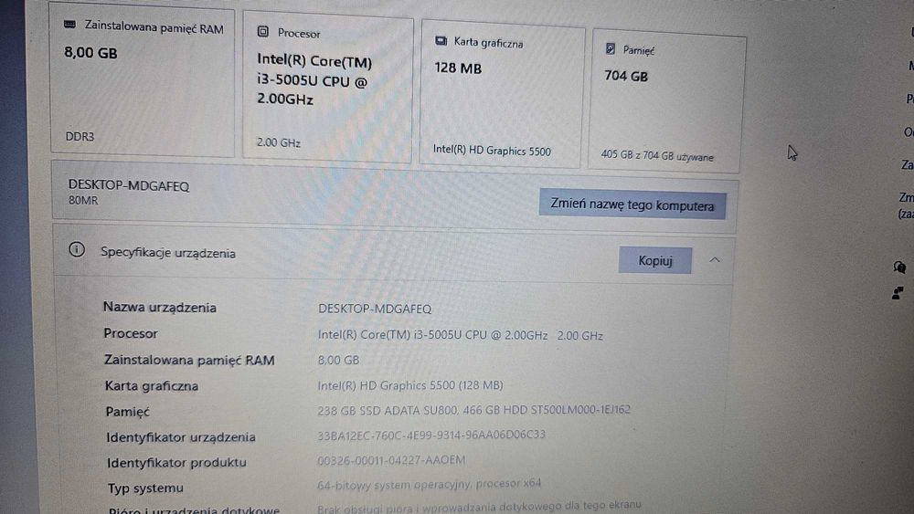 Laptop Lenovo B70-80 80MR intel i3 8GB 240GB SSD, 500GB HDD WIN10 KPL