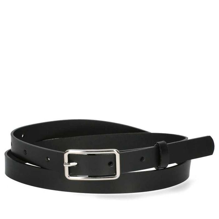 Pasek damski skórzany wąski czarny srebrna klamra