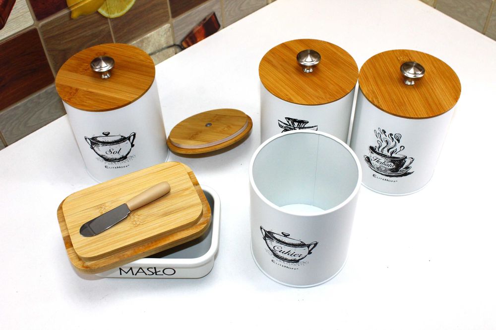 Białe pojemniki Kawa Herbata Cukier Sól z Maselniczką E6056