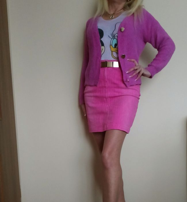 ELEGANCKI zestaw spódnica mini róż jeans+ bluzka+ sweter alpaka S M L