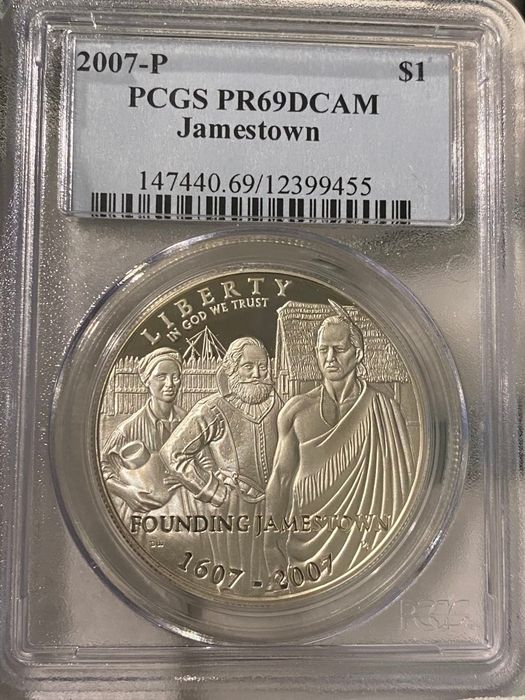 Долар США 2007р. "Р". Поселення Джеймстаун. СРІБЛО. ПРУФ. СЛАБ