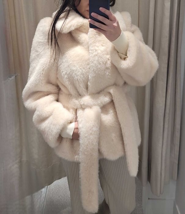 elegancki płaszcz sztuczne futro z kołnierzem paskiem Zara M 38  bufia