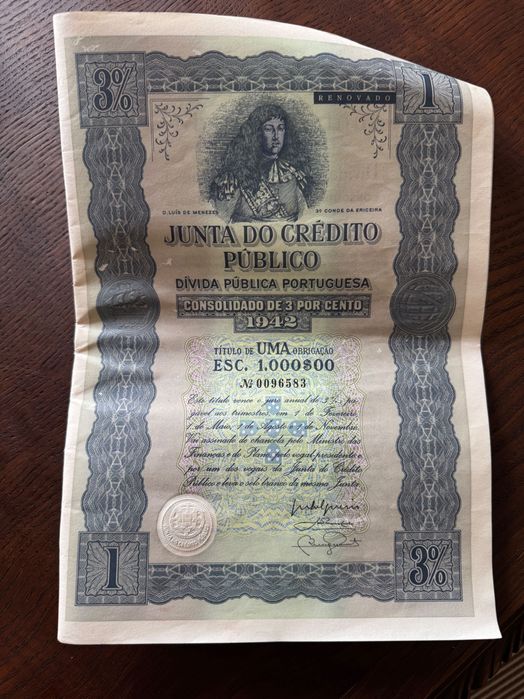 Título de dívida pública portuguesa 1942 Junta do Crédito Público (3%)