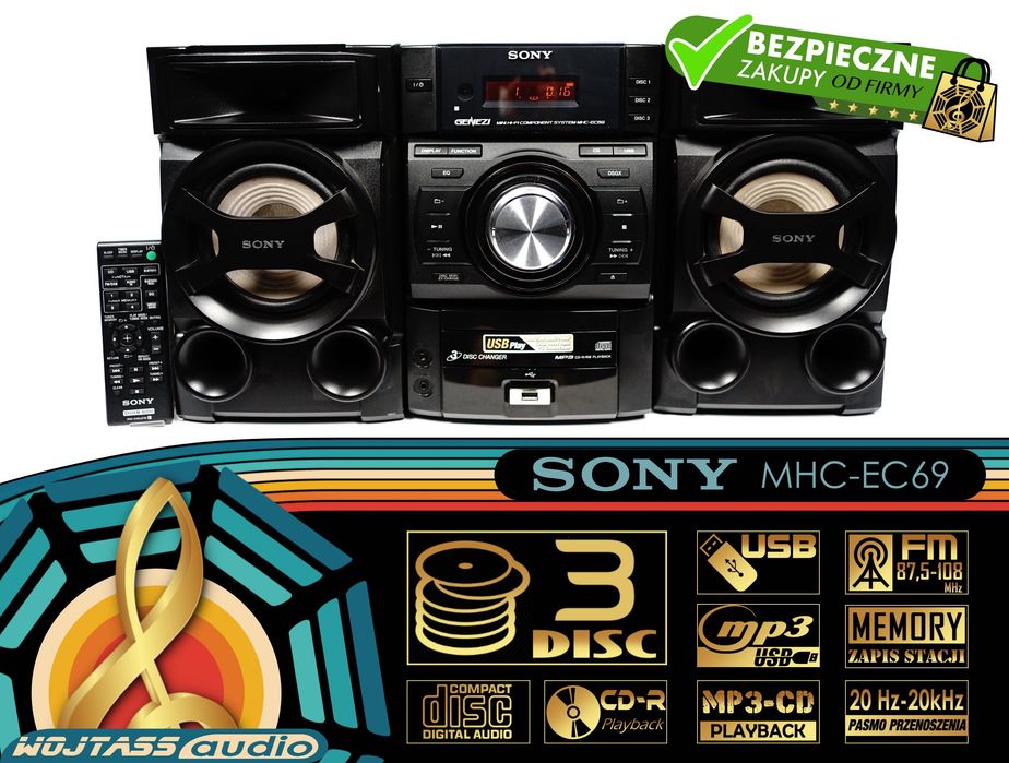 Wieża SONY MHC-EC69 * USB * 3CD zmieniarka * MP3 * Cd-R * 50W Radio FM